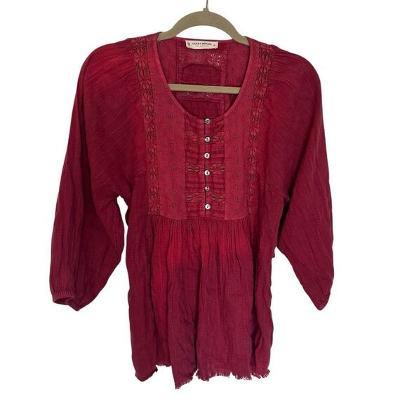 NWT Lucky Brand Embroidered Peasant Top Long Balloon Sleeve tunic top size xs - Picture 1 of 6